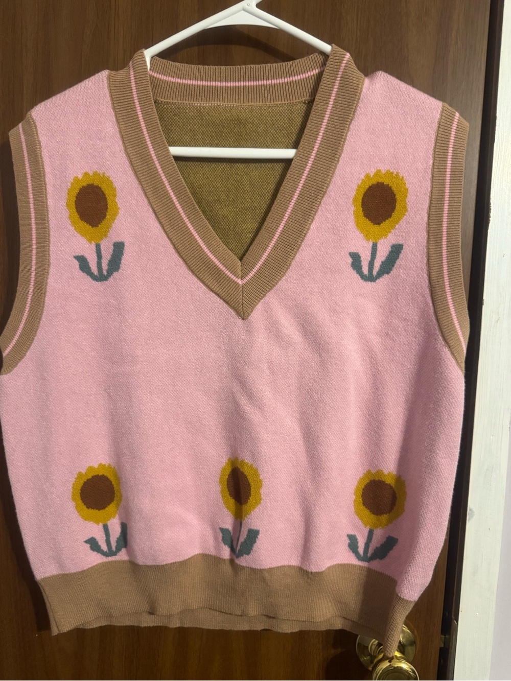 Pink Sunflower V-Neck Sweater Vest with Tan Trim